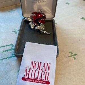 Nolan Miller Red and Silver Floral Brooch